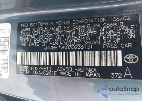 2003 Toyota Camry Le z USA, uszkodzony, nr VIN JTDBE32K030236131